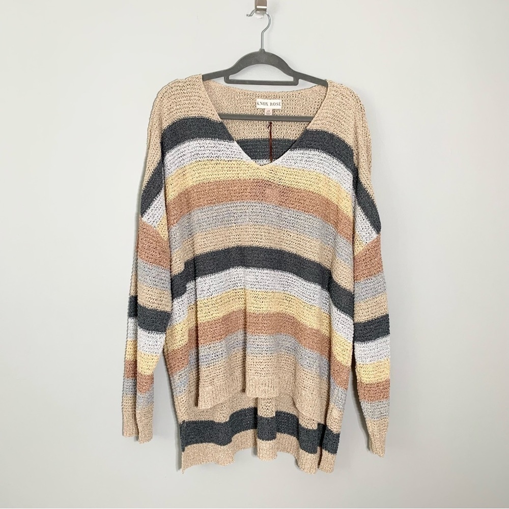 5/$25 NEW Knox Rose Sweater 3X Multi-Color Striped‎ V-Neck High-Low Open Knit